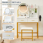 Dressing Table Round Mirror LED Lights Stool Vanity Table Makeup Desk Gold Leg — alternate product view 5