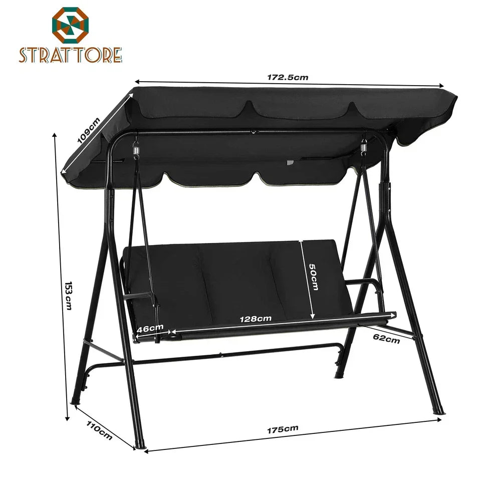 Garden Hammock Swing Chair 3 Seater Bench Canopy Patio Cushion Outdoor Strattore — on a clean white background