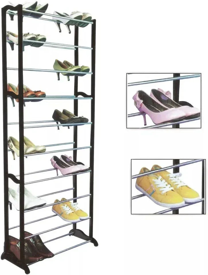 10 Tier Shoe Rack Stand Footwear Organiser Storage Metal Shelf 30 Pairs Unit — Black — product view