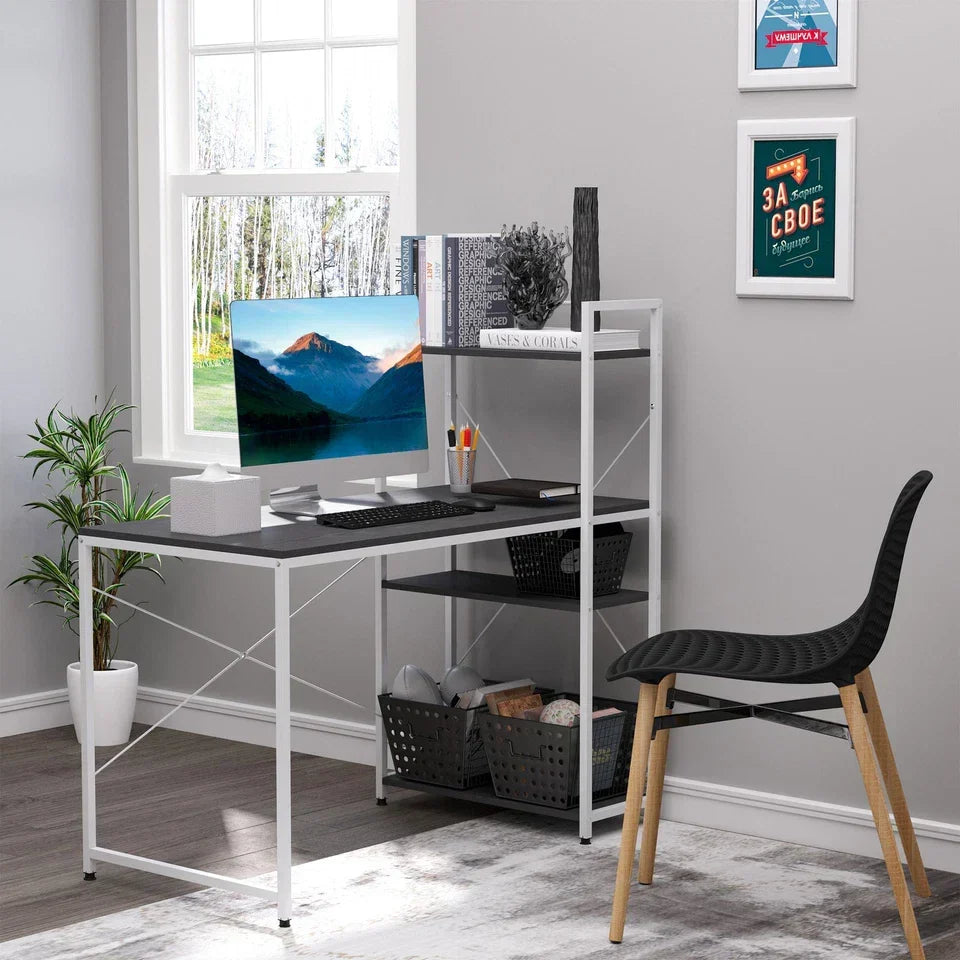 Computer Desk Laptop Table w/4-tier Bookshelf Metal Frame Black, White — alternate product view 3