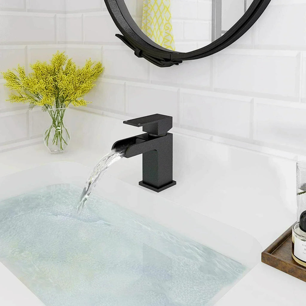 Bathroom Modern Waterfall Black Basin Sink Mono Square Mixer Tap Filler Waste — alternate product view 2