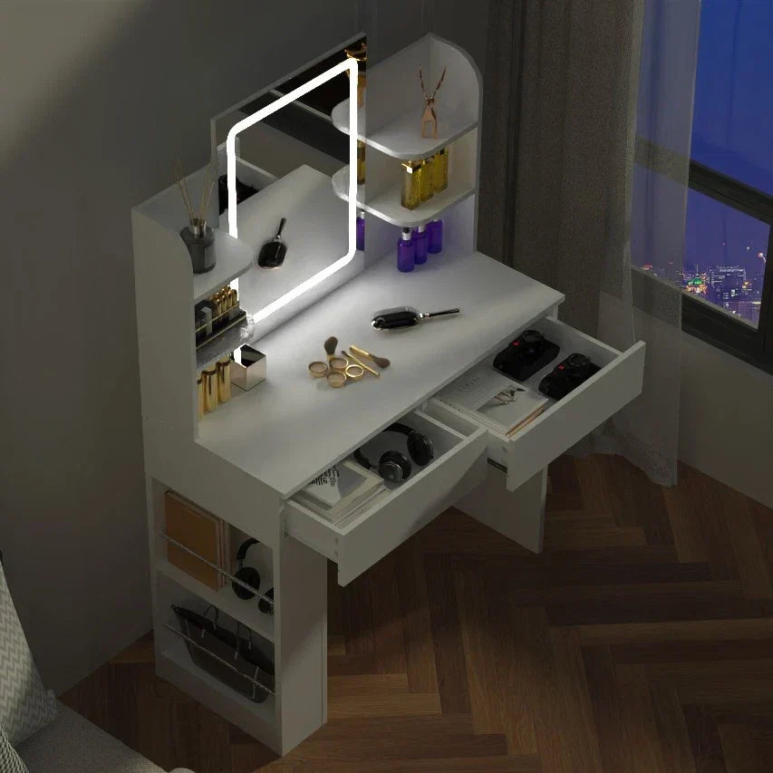 Dressing Table Makeup Desk Vanity Desk With 2 Drawers & LED Mirror & 4 Shelves — alternate product view 5
