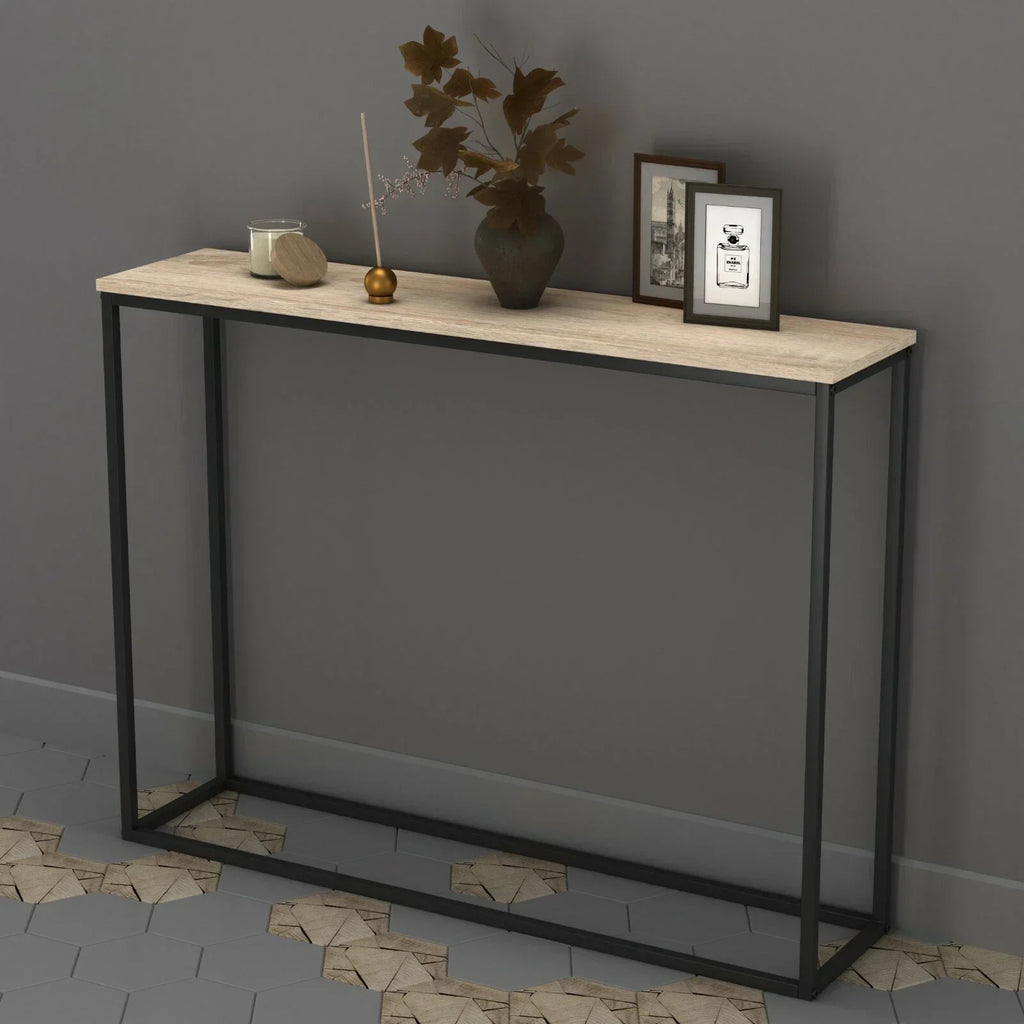 Wooden Free Standing Hallway Console Table Living Room Shelf Display Metal Legs — Antique Oak — product view
