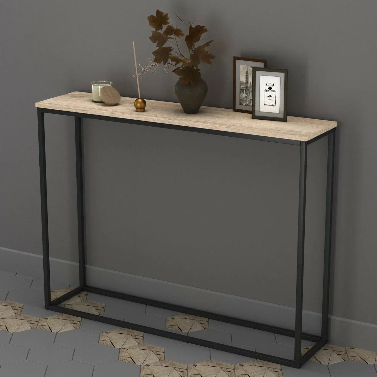 Wooden Free Standing Hallway Console Table Living Room Shelf Display Metal Legs — Antique Oak — product view