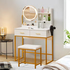 Dressing Table Round Mirror LED Lights Stool Vanity Table Makeup Desk Gold Leg — alternate product view 12
