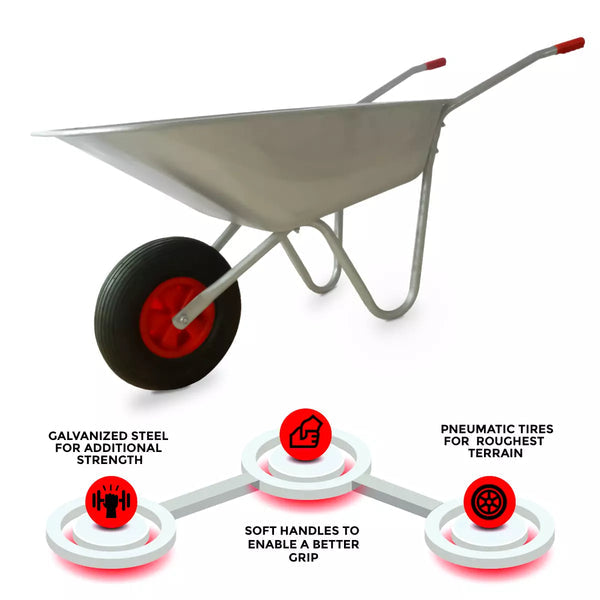 65L Wheelbarrow Heavy Duty Galvanised Home Garden Metal Cart with Pneumatic Tyre — alternate product view 6