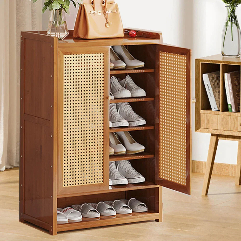 Shoe Cabinet Storage Cupboard Footwear Stand Rack Wooden Double Rattan Doors UK — alternate product view 9
