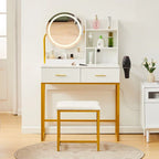 Dressing Table Round Mirror LED Lights Stool Vanity Table Makeup Desk Gold Leg — alternate product view 2