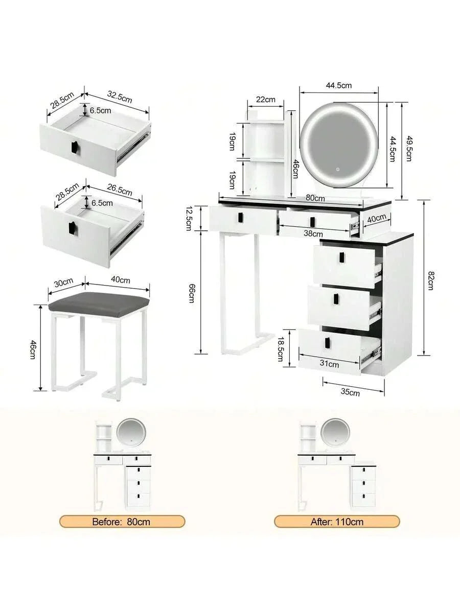 Dressing Table With Mirror Stool, Vanity Table Set With 3 Color Detachable LED — on a clean white background