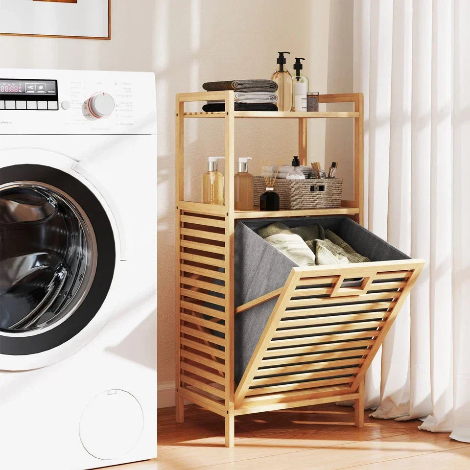 Bamboo Bathroom Shelf Tilt out Laundry Hamper Storage Organiser w/Laundry Basket — alternate product view 2