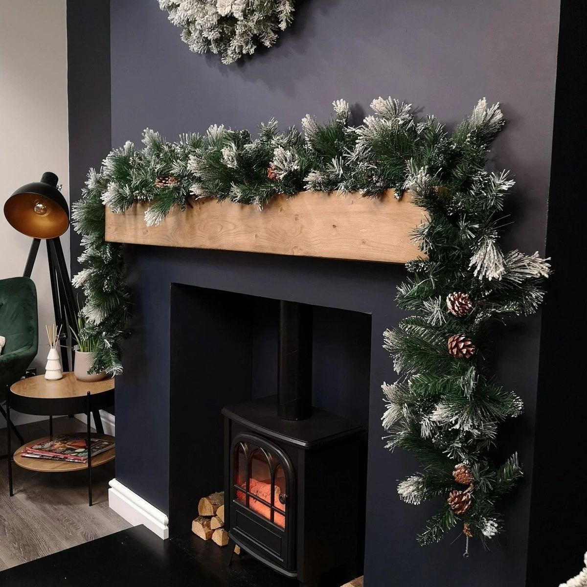 9ft Christmas Garland Snow Flocked With Lights Pinecones Berries Wreath Bushy — alternate product view 3