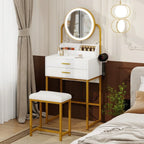 Modern Vanity Dressing Table LED Light Mirror Stool Shelves 2 Drawers Compact — alternate product view 3