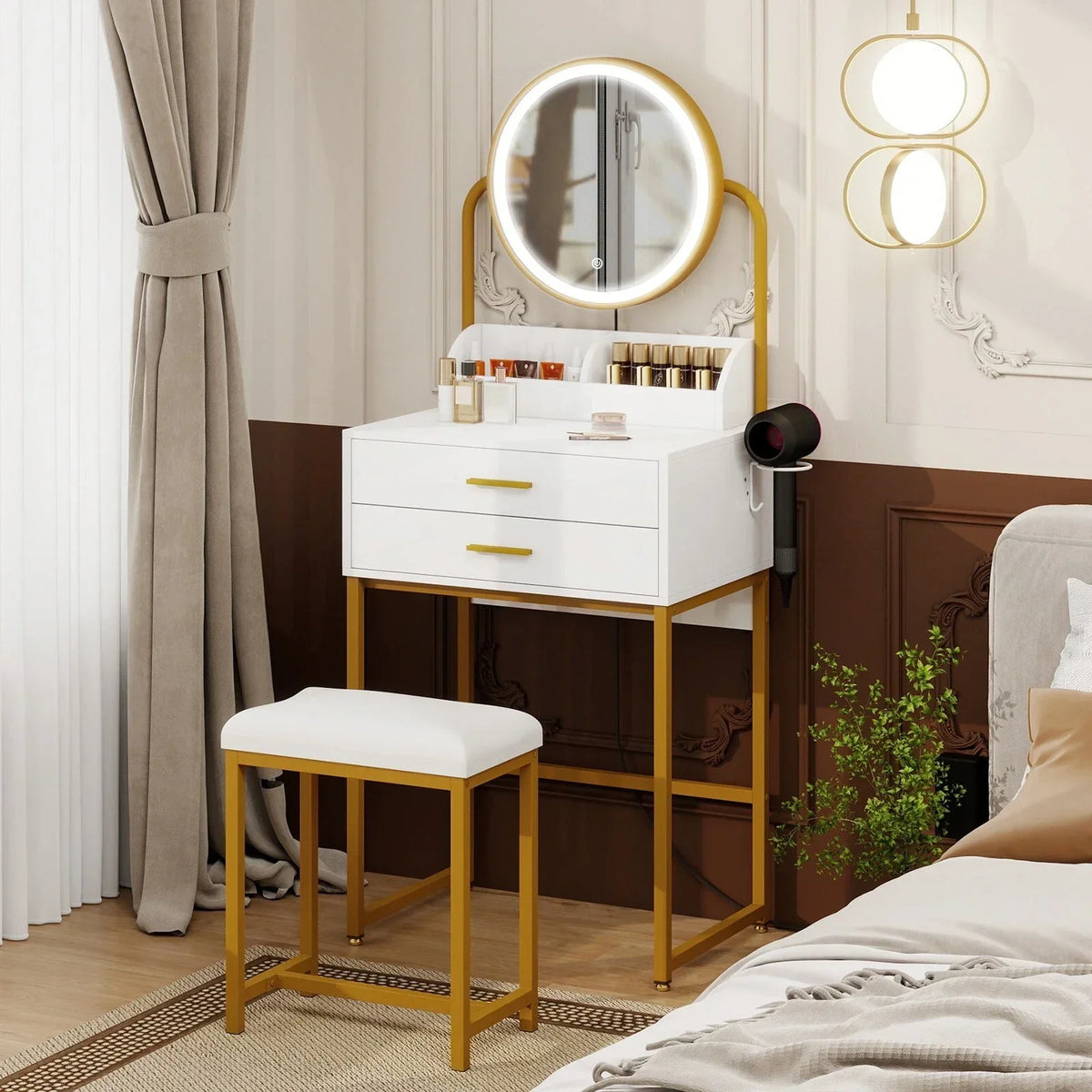 Modern Vanity Dressing Table LED Light Mirror Stool Shelves 2 Drawers Compact — alternate product view 3