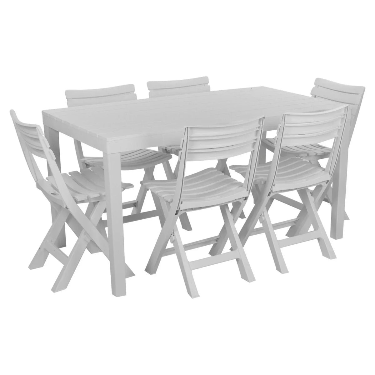 White Garden Plastic Patio Dining Large Table & Folding Chairs Outdoor Furniture — on a clean white background