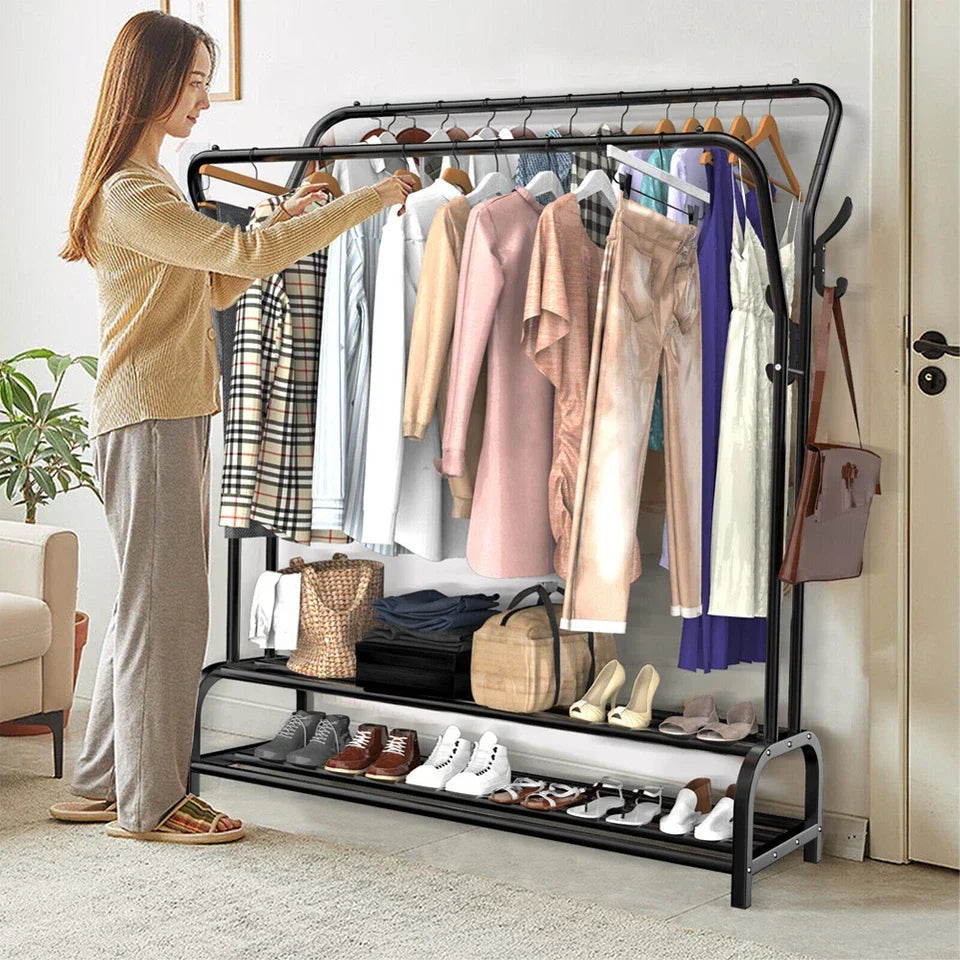 Double-Rail Clothes Rack with Shoe Shelf — Black or White — alternate product view 2