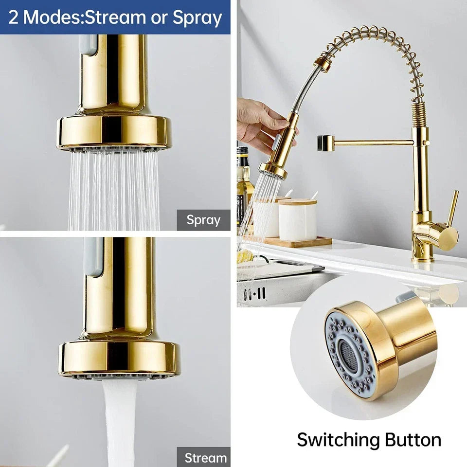 Modern Gold Kitchen Mixer Taps Pull out Spray 360° Mono Single Lever Sink Faucet — alternate product view 6