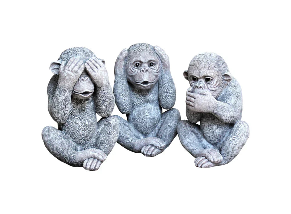 3 Wise Monkey Garden Ornaments See, Speak, Hear No Evil Monkey — on a clean white background