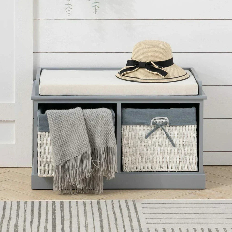 Large Shoe Storage Bench with Seat Cushion And 2 Rattan Basket Organiser Hallway — alternate product view 7