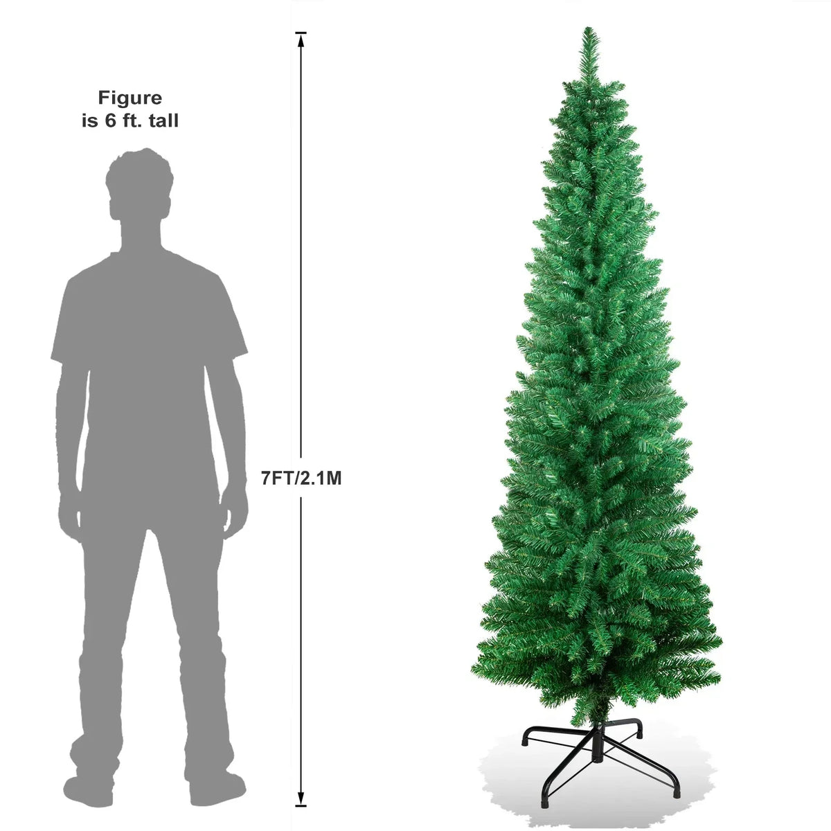 4/5/6/7ft Pencil Slim Christmas Tree with Lights Artificial XMAS Home Decoration — 7FT Tree + LED Lights — product view