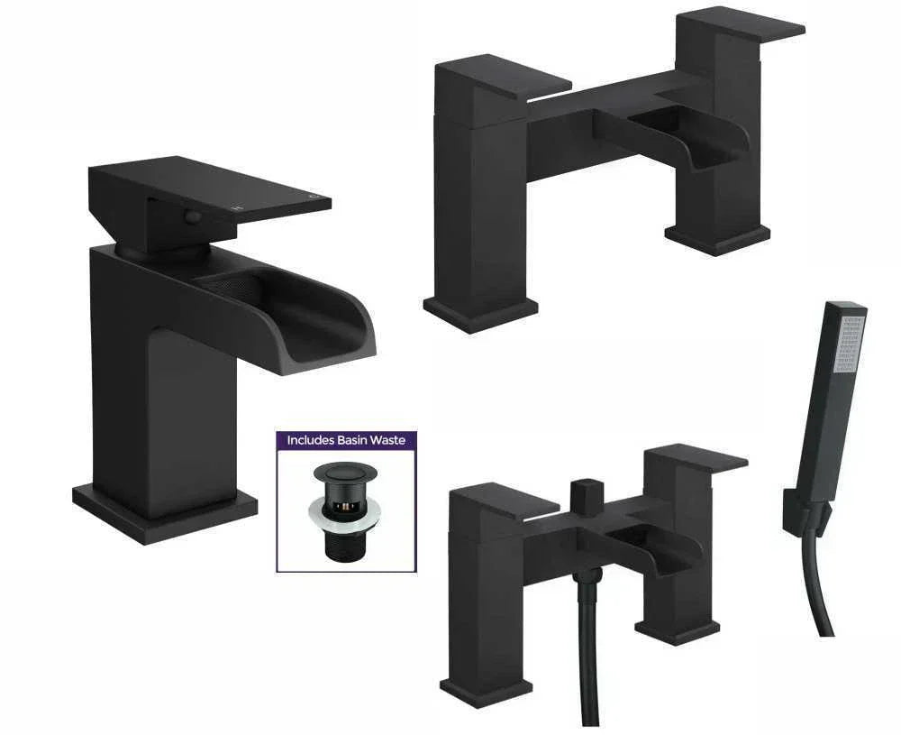 Bathroom Modern Waterfall Black Basin Sink Mono Square Mixer Tap Filler Waste — on a clean white background