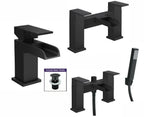 Bathroom Modern Waterfall Black Basin Sink Mono Square Mixer Tap Filler Waste — on a clean white background