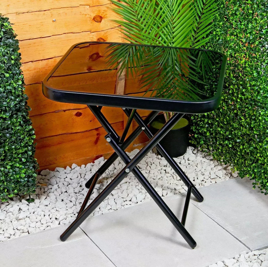 Garden Furniture Glass Top Side Table Patio Rattan Foldable Drinks Coffee Black — alternate product view 2