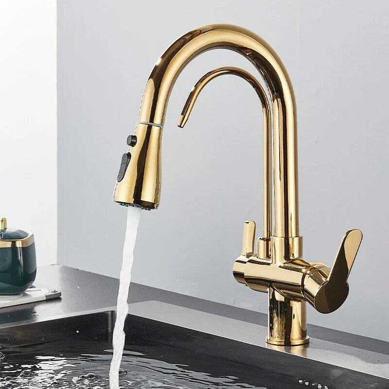 Modern Mono Kitchen Sink Mixer Taps 360° Pull Out Spray Spout Twin Lever 3 Way — Gold — product view