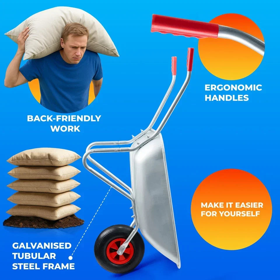65L Wheelbarrow Heavy Duty Galvanised Home Garden Metal Cart with Pneumatic Tyre — alternate product view 3