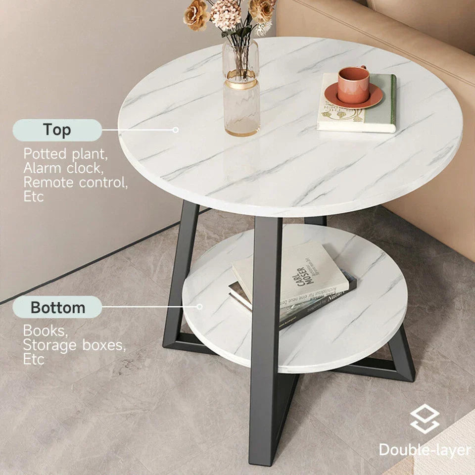 Round 2 Tier Coffee Table Side Table White Marble Effect End Table Living Room — alternate product view 8