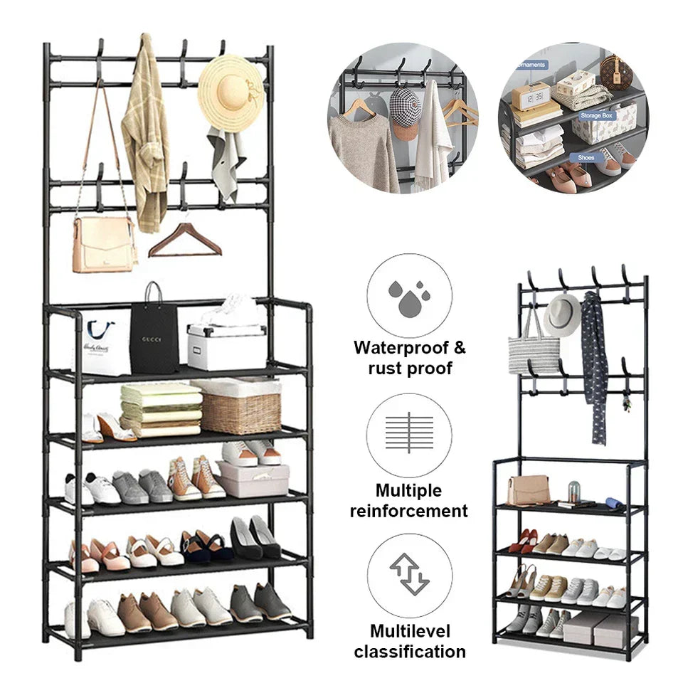 8 Hooks Coat and Hat Stand Metal + Plastic Shoe Rack Bedroom Shelf Hanger — alternate product view 9