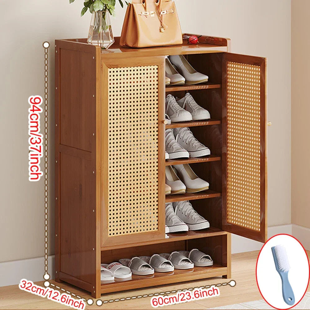 Shoe Cabinet Storage Cupboard Footwear Stand Rack Wooden Double Rattan Doors UK — alternate product view 4