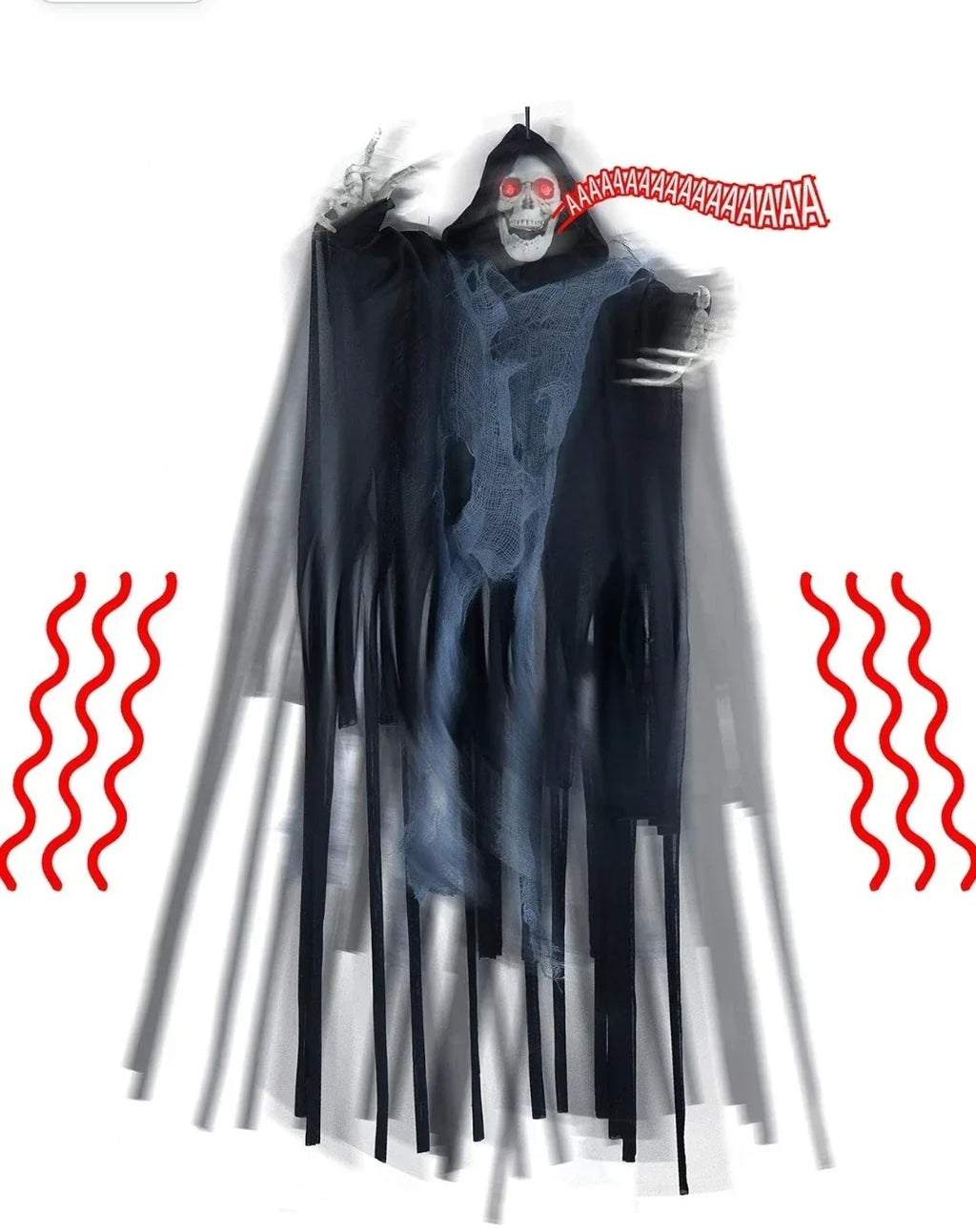 2x Hanging Grim Reaper Halloween Props – LED Eyes, Motion Activated — on a clean white background