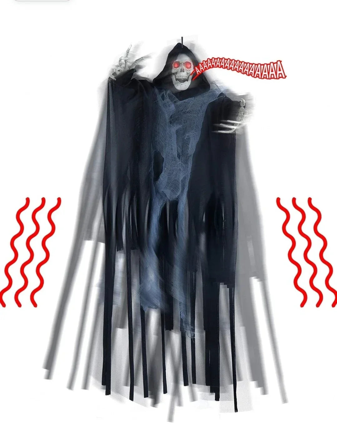 2x Hanging Grim Reaper Halloween Props – LED Eyes, Motion Activated — on a clean white background