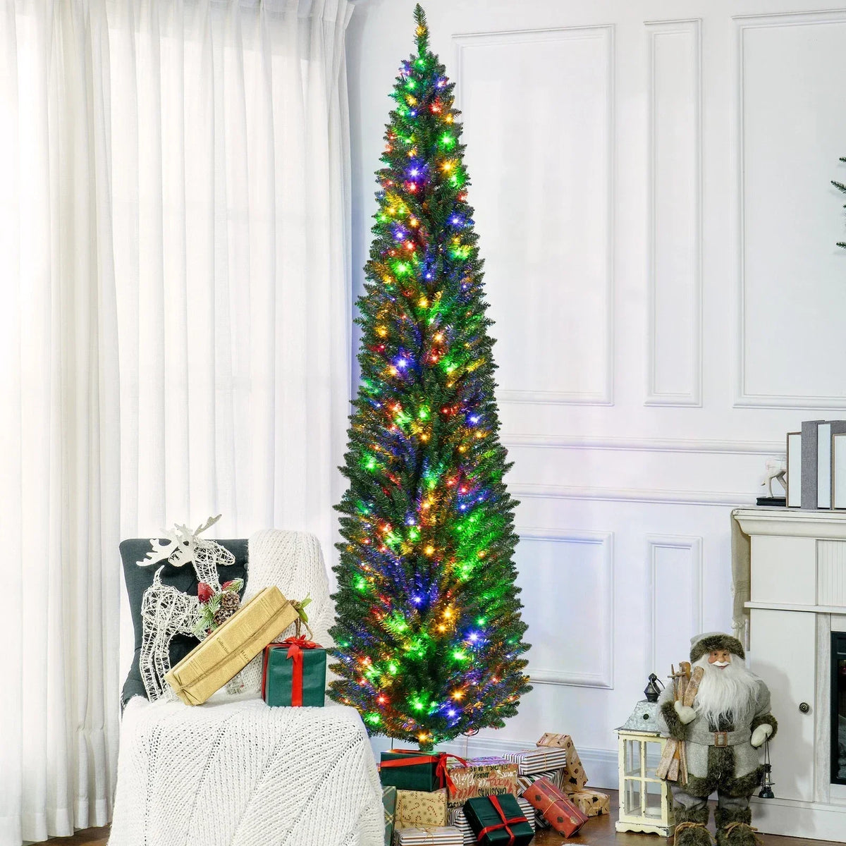 4/5/6/7ft Pencil Slim Christmas Tree with Lights Artificial XMAS Home Decoration — alternate product view 3