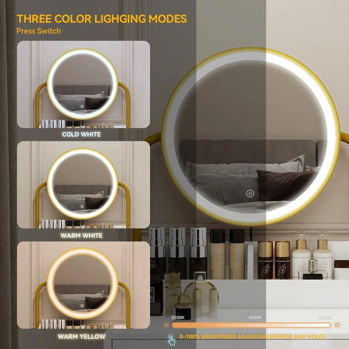 Modern Vanity Dressing Table LED Light Mirror Stool Shelves 2 Drawers Compact — alternate product view 4