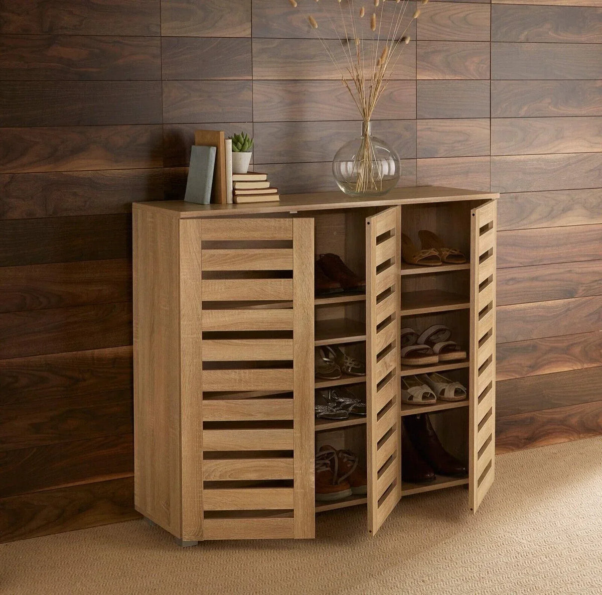 Oslo 3 Door Oak Wooden Shoe Storage Cabinet Rack — alternate product view 2