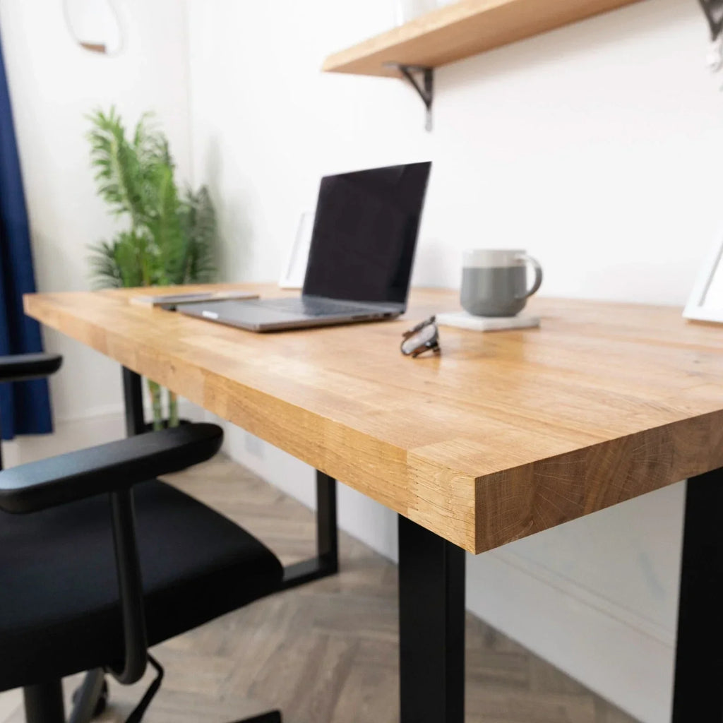 Solid Oak Industrial Wood Desk — Wooden Home Computer Office Gaming Workstation — alternate product view 3