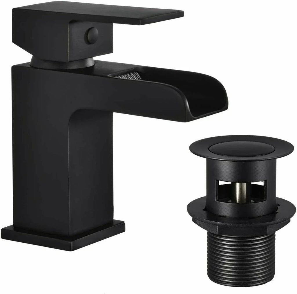 Bathroom Modern Waterfall Black Basin Sink Mono Square Mixer Tap Filler Waste — Basin mixer tap and waste — product view