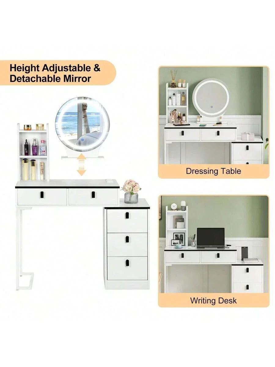 Dressing Table With Mirror Stool, Vanity Table Set With 3 Color Detachable LED — alternate product view 8