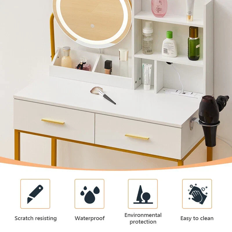 Dressing Table Round Mirror LED Lights Stool Vanity Table Makeup Desk Gold Leg — alternate product view 10