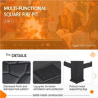 Large Fire Pit BBQ Outdoor Iron Grill Square Garden Table Patio Log Burner Stove — alternate product view 8