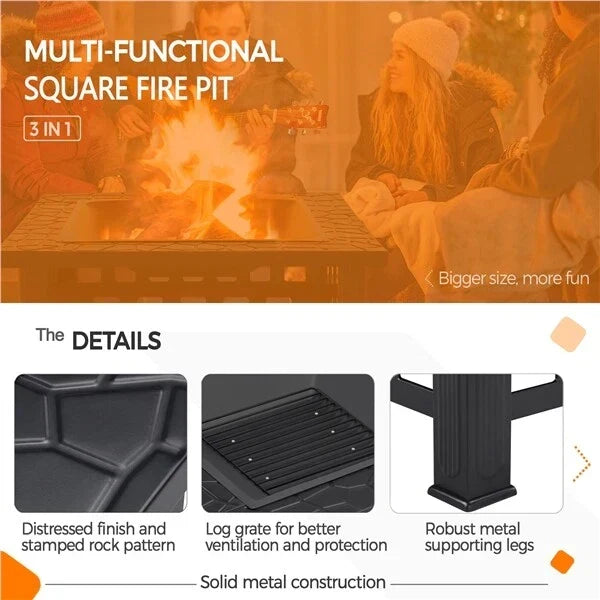 Large Fire Pit BBQ Outdoor Iron Grill Square Garden Table Patio Log Burner Stove — alternate product view 8