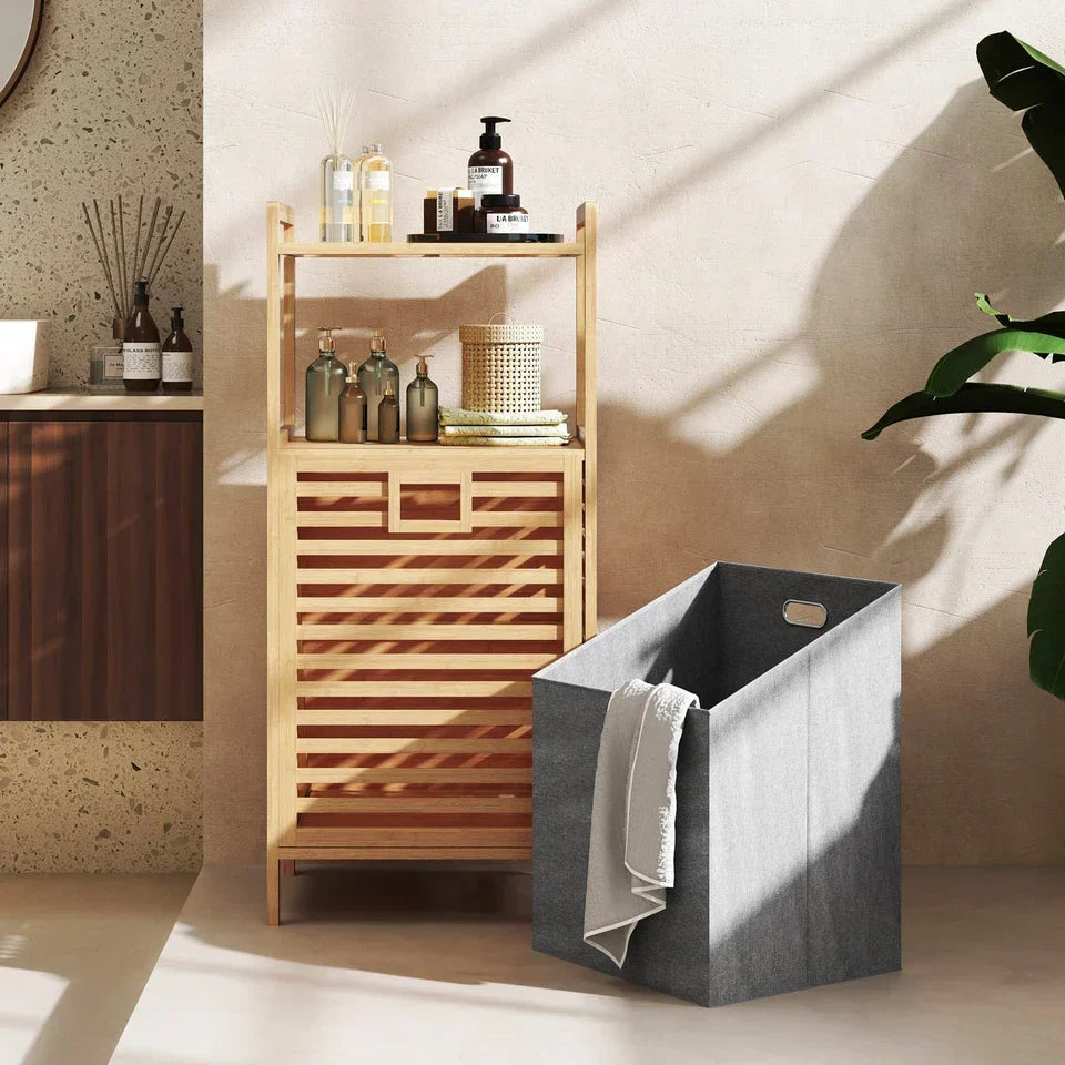 Bamboo Bathroom Shelf Tilt out Laundry Hamper Storage Organiser w/Laundry Basket — alternate product view 7