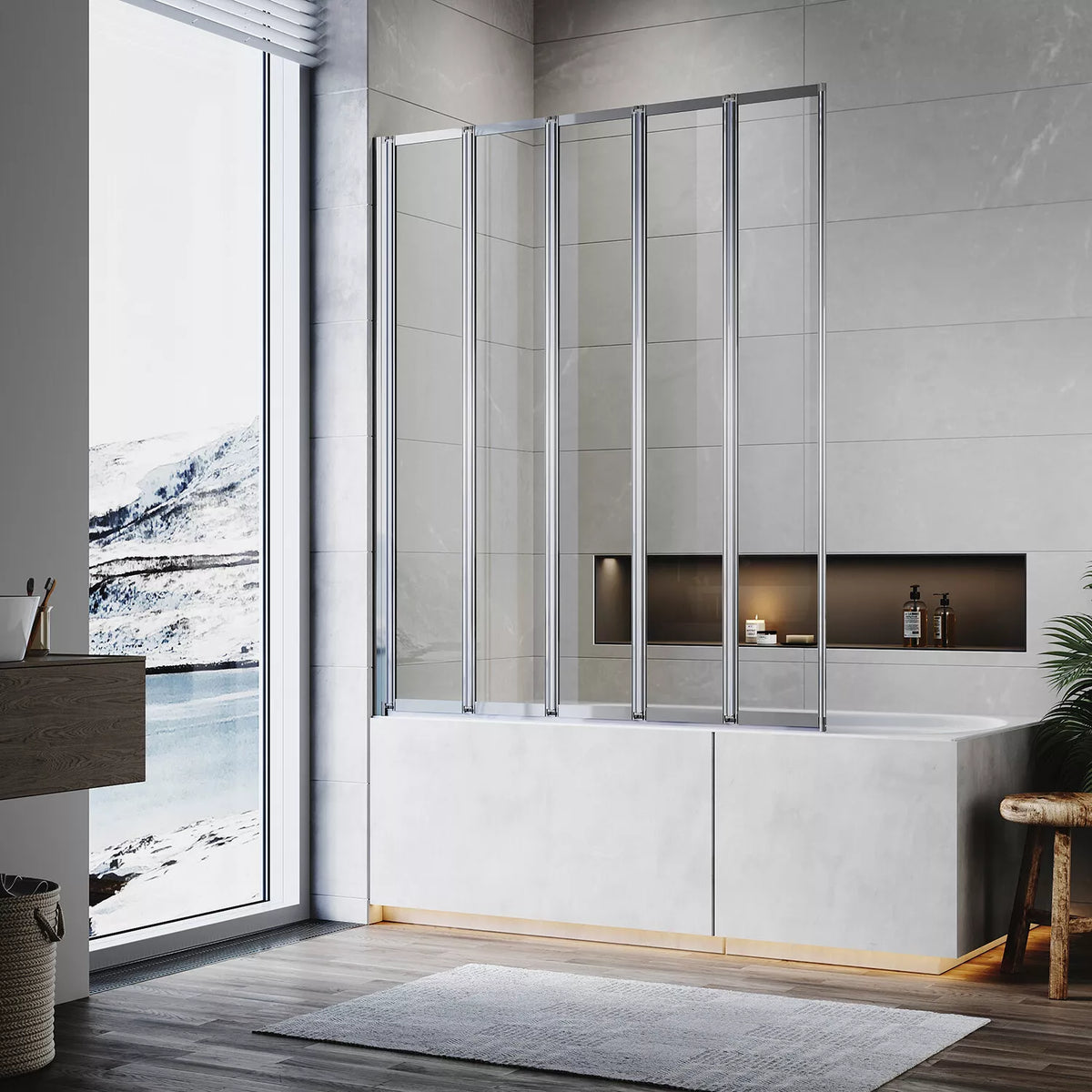 5 Folding Bath Shower Screen Black / Chrome Frame Wet Room Glass Panel 1200 x 1400mm — Chrome — product view
