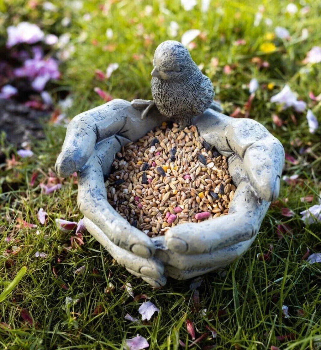 Bird Feeder Stone Effect Bath Garden Decor Hands Ornament Feeding Station Water — alternate product view 2