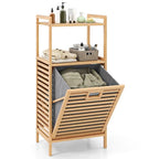 Bamboo Bathroom Shelf Tilt out Laundry Hamper Storage Organiser w/Laundry Basket — on a clean white background