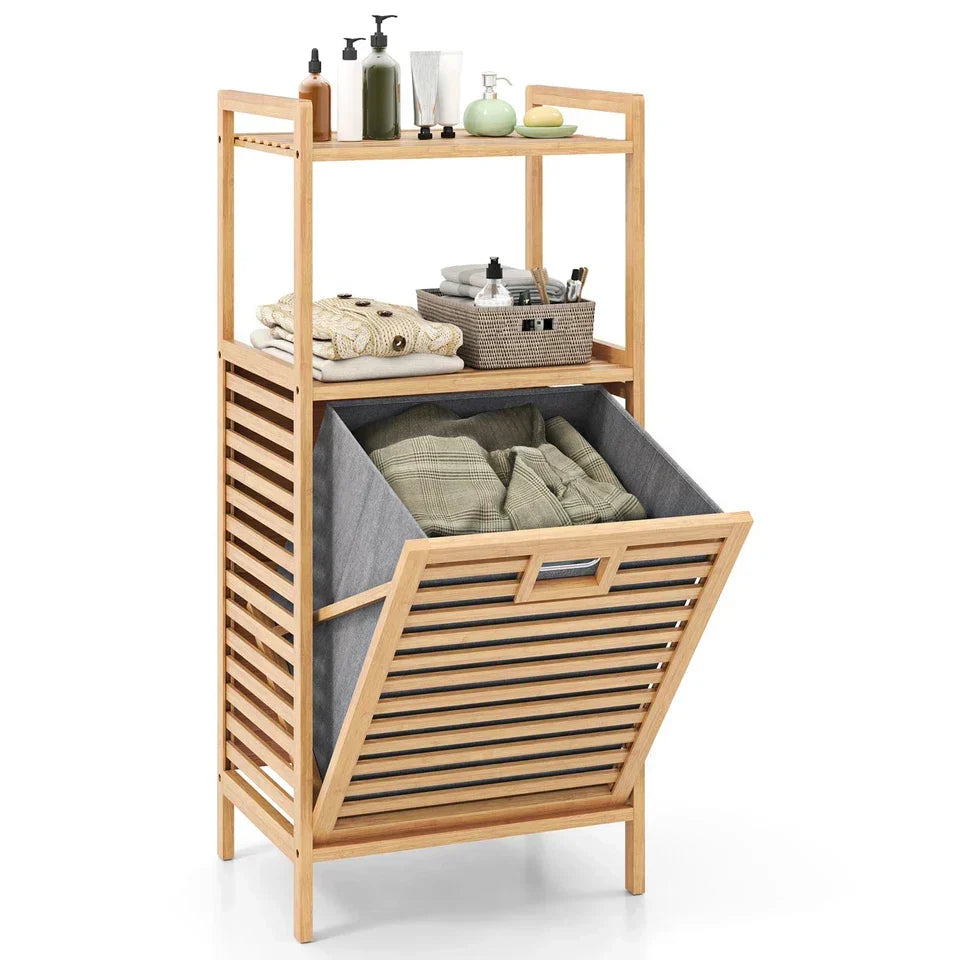 Bamboo Bathroom Shelf Tilt out Laundry Hamper Storage Organiser w/Laundry Basket — on a clean white background