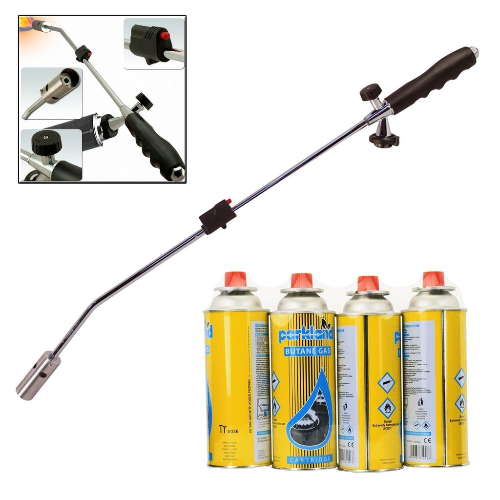 Gas Burner Blaster Weed Wand Blowtorch Garden Torch Weeds Killer & Gas — Weed Wand + 4 Refills — on a clean white background