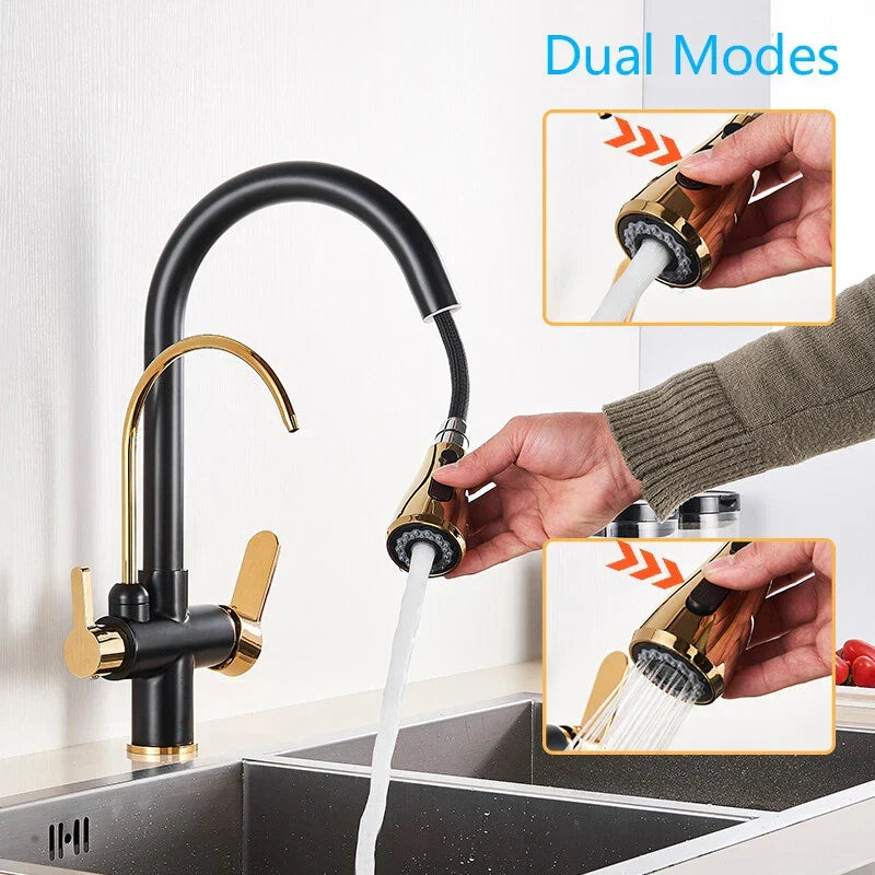 Modern Mono Kitchen Sink Mixer Taps 360° Pull Out Spray Spout Twin Lever 3 Way — alternate product view 15