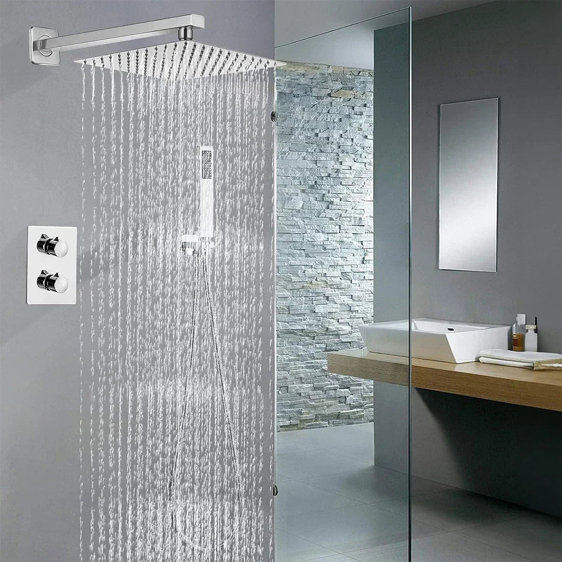 Modern Concealed Square Shower Brass Valve Mixer Twin Head Shower Set Chrome — alternate product view 4